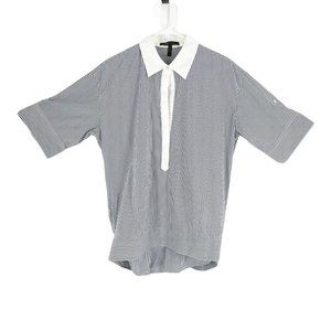 Women's Stripe Collared Short Sleeve Button Front Top Shirt Gray